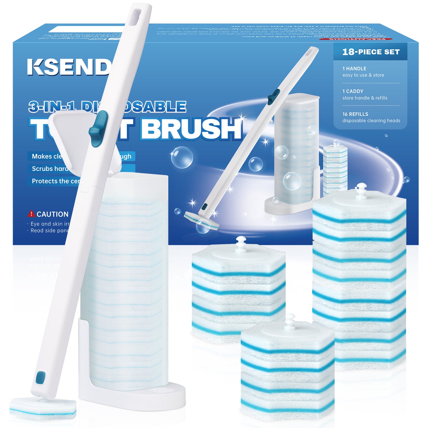 Ksend Toilet Bowl Brush and Holder - Disposable Toilet Brush Set with 16 Refills & 1 Storage Caddy, Effective Toilet Scrubber Preloads Toilet Bowl Cleaners, Handy Cleaning Supplies, Household Supplies