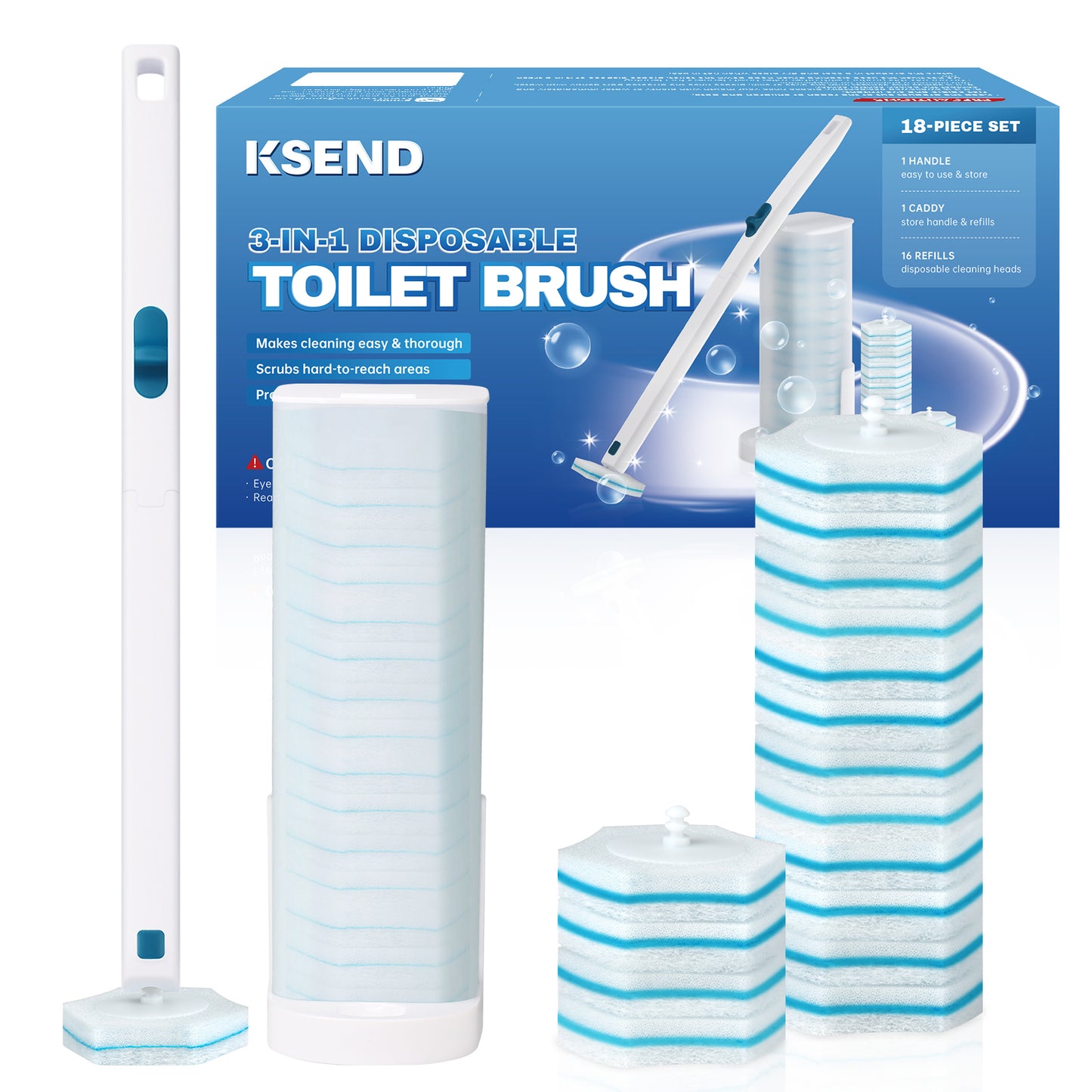 Ksend Toilet Bowl Brush and Holder - Disposable Toilet Brush Set with 16 Refills & 1 Storage Caddy, Effective Toilet Scrubber Preloads Toilet Bowl Cleaners, Handy Cleaning Supplies, Household Supplies