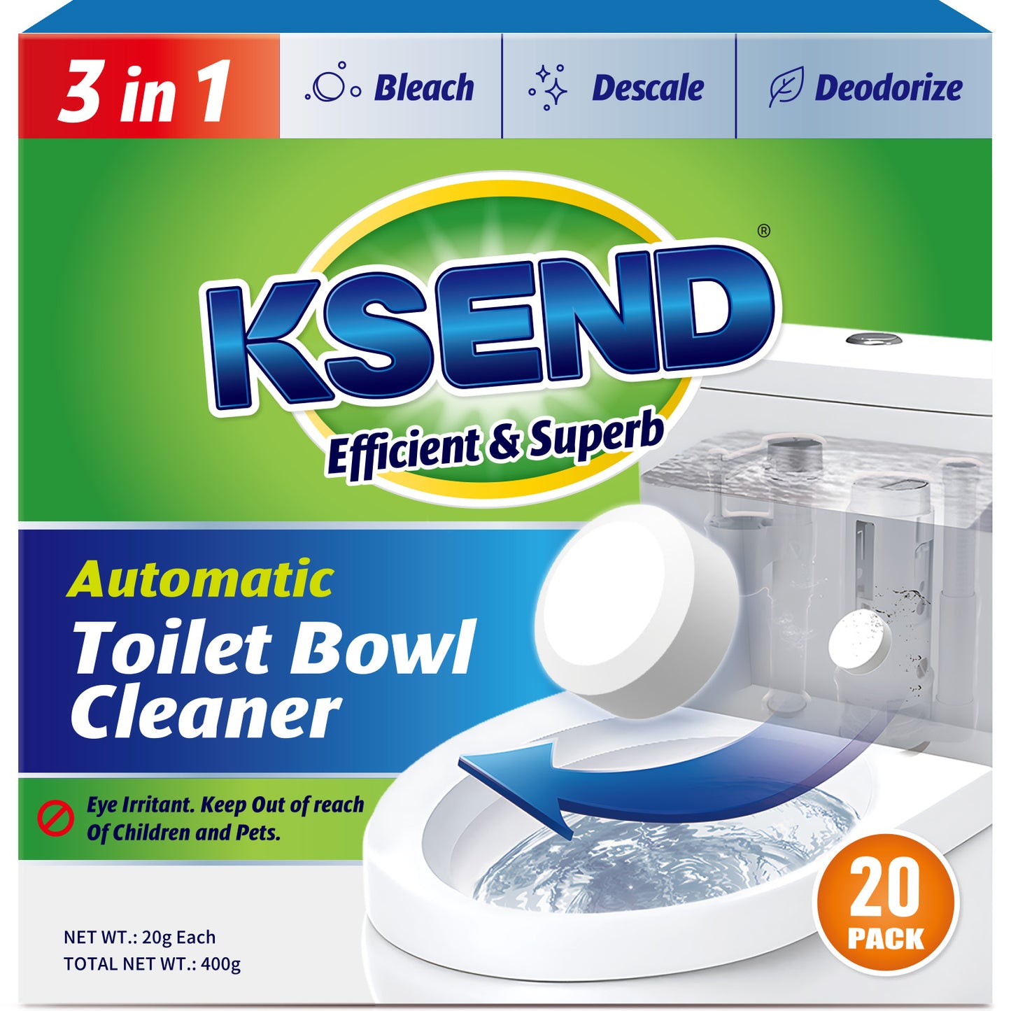 Ksend Toilet Bowl Cleaner Tablets 20 PCS - Automatic Toilet Bowl Cleaners with Bleach, Slow-Releasing Toilet Tank Cleaners for Deodorizing & Descaling