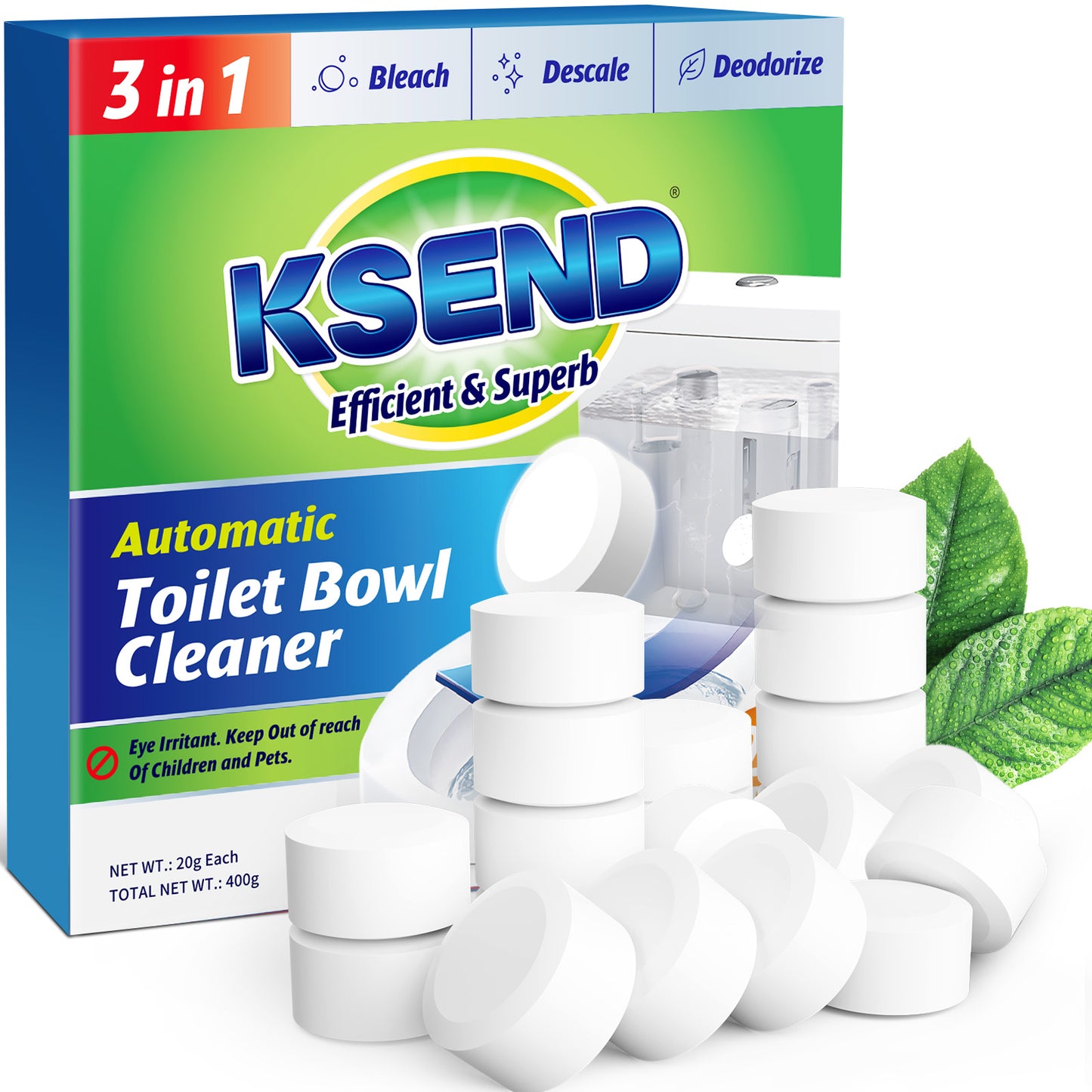 Ksend Toilet Bowl Cleaner Tablets 20 PCS - Automatic Toilet Bowl Cleaners with Bleach, Slow-Releasing Toilet Tank Cleaners for Deodorizing & Descaling