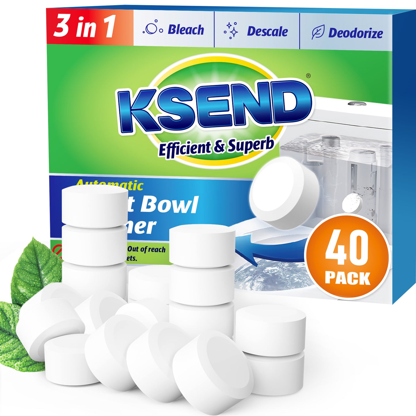 Ksend Toilet Bowl Cleaner Tablets 20 PCS - Automatic Toilet Bowl Cleaners with Bleach, Slow-Releasing Toilet Tank Cleaners for Deodorizing & Descaling