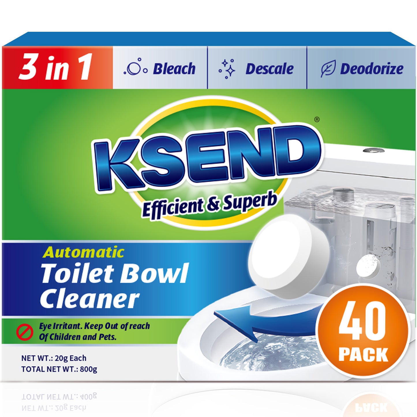 Ksend Toilet Bowl Cleaner Tablets 20 PCS - Automatic Toilet Bowl Cleaners with Bleach, Slow-Releasing Toilet Tank Cleaners for Deodorizing & Descaling