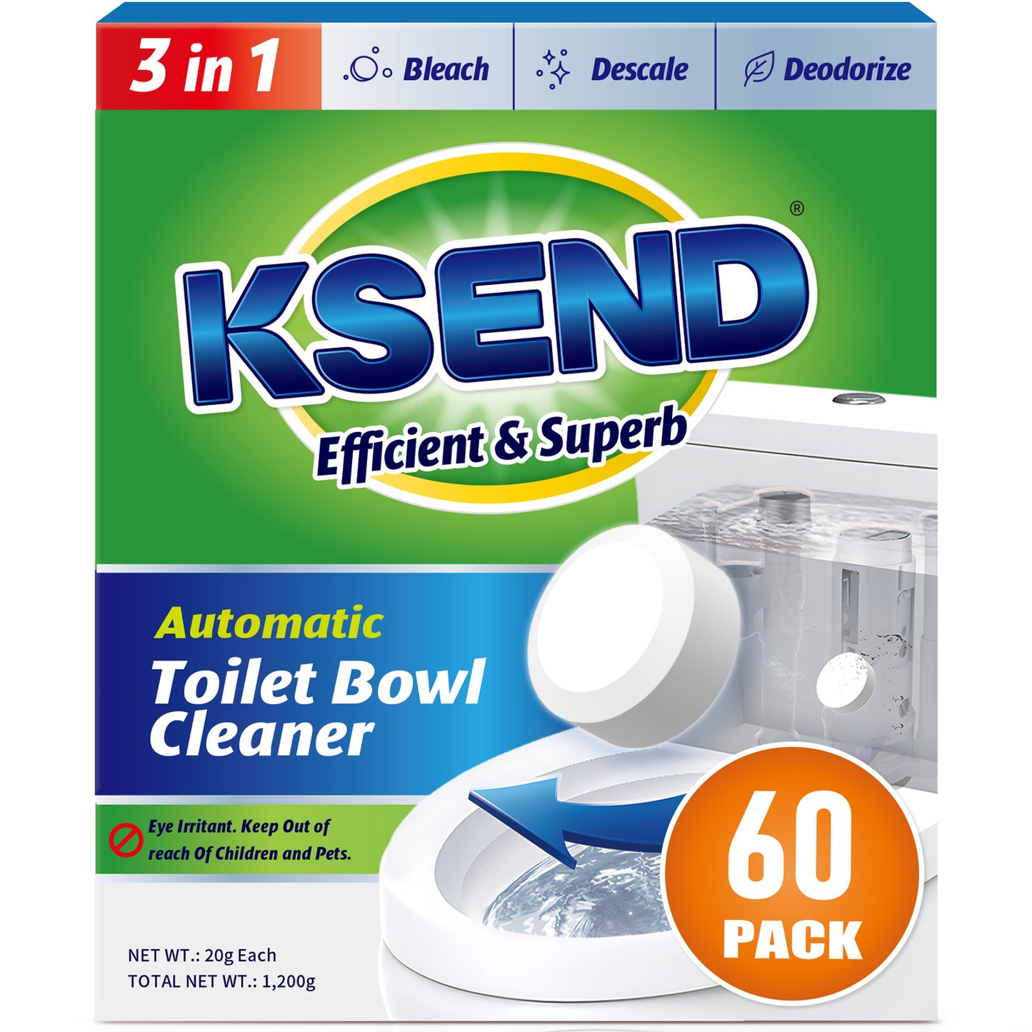 Ksend Toilet Bowl Cleaner Tablets 20 PCS - Automatic Toilet Bowl Cleaners with Bleach, Slow-Releasing Toilet Tank Cleaners for Deodorizing & Descaling